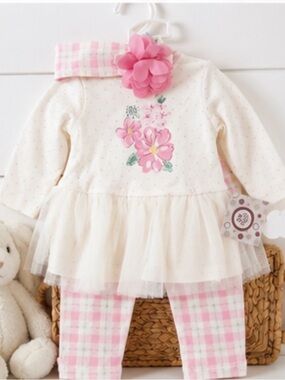NWT Little Me 6M Baby Girl Wildflower Garden 3-Pc Pink Floral Gingham Outfit